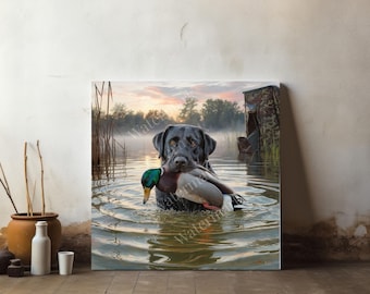 Stampa su tela con cane Labrador, stampa fotorealistica, decorazione da parete per amanti dei cani, decorazione per la casa, tela satinata tesa, cane da caccia alle anatre