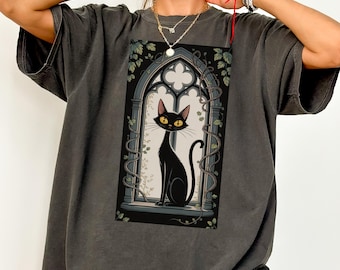 Gothic Black Cat Shirt Halloween T-Shirt Creepy Cute Pet Lover Gift Cathedral Window Tee Witchy Vintage Cat Graphic Unisex Fall Apparel