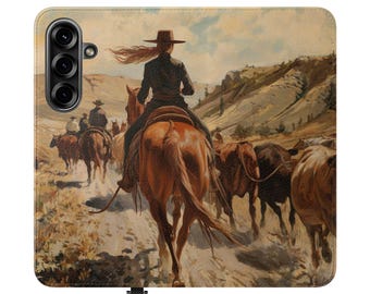 Vintage Cowgirl Flip Cases for Phones, Western Art Phone Wallet, Rustic Card Holder Case, Unique Gift for Horse Lovers, Stylish