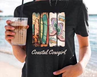 Coastal Cowgirl Brush Stroke Surfboards & Boots Tee | Country Beach Vibe
