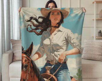 Manta de terciopelo, vaquera a caballo, manta vaquera del oeste, regalo de vaquera de rodeo, manta de felpa suave