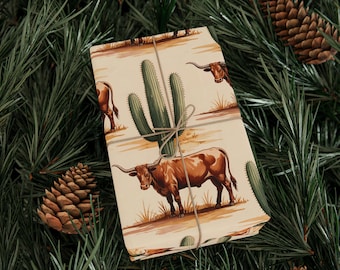 Papier cadeau cactus et longues cornes, papier cadeau rustique pour anniversaires, vacances, occasions, fêtes à thème western, cadeau texan