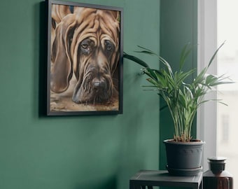 Könnte beinhalten: Ein gerahmtes Gemälde eines braunen Bloodhound-Hundes, der seinen Kopf auf dem Boden ruhen lässt. Der Hund hat einen traurigen Gesichtsausdruck und seine Zunge hängt heraus. Das Gemälde ist vor einer grünen Wand platziert.