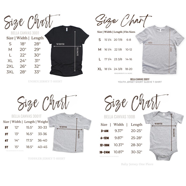 Puede incluir: Tablas de tallas para varias camisetas y bodies de beb&eacute;. Incluye medidas en cent&iacute;metros para tallas unisex, juveniles y para ni&ntilde;os peque&ntilde;os. Las tablas muestran las dimensiones de ancho y largo para cada talla.