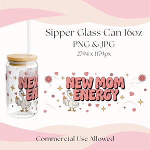 Regalo para mamá primeriza, Día de la Madre, vaso de vidrio de 16 oz, divertido vaso con sorbete con diseño de mamá ganso, archivo PNG, taza de café helado DIY para mamá primeriza, JPG