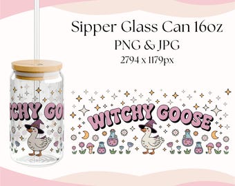 Witchy Goose PNG, Halloween Gothic Glass Wrap, Digital Download Witch, Iced Coffee Cup, 16oz Can Fall Cozy, Spooky Season Design Silly Goose