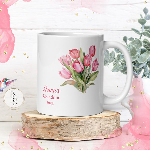 Cadeau Mamie, Mug personnalisé à fleurs rouge corail | Cadeau grand-mère tasse en céramique - tasse à thé - tasse à café