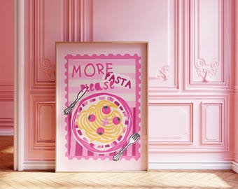 More Pasta Please Pink trendy keukenposter – digitale download – | Keukenkunst | Foodiekunst | Retro food-kunstposter | Muurafdrukken keuken