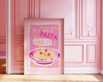 More Pasta Please Pink trendy keukenposter – digitale download – | Keukenkunst | Foodiekunst | Retro food-kunstposter | Muurafdrukken keuken