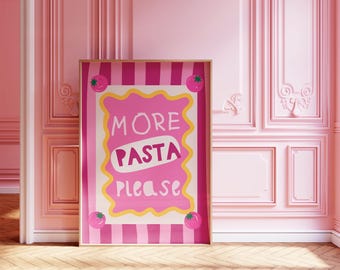 More Pasta Please Pink trendy keukenposter – digitale download – | Keukenkunst | Foodiekunst | Retro food-kunstposter | Muurafdrukken keuken