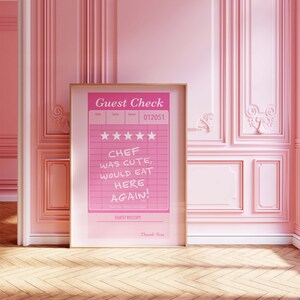Chef Was Cute Pink Guest Check Trendy Poster – Digital Download – | Kitchen Wall Decor | Aesthetic Girly Print | Bar Cart Preppy Y2k Poster