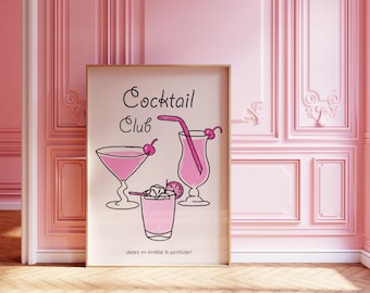 Pink Cocktail Club Trendy Bar Cart Poster | Digital Download | Preppy Bar Cart Decor | Cocktail Poster | Aesthetic Girly Bar Cart Art