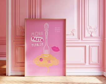 More Pasta Please Pink trendy keukenposter – digitale download – | Keukenkunst | Foodiekunst | Retro food-kunstposter | Muurafdrukken keuken