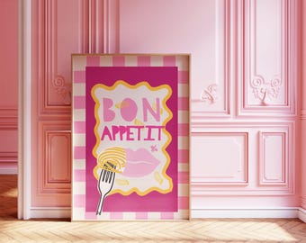 More Pasta Please Pink trendy keukenposter – digitale download – | Keukenkunst | Foodiekunst | Retro food-kunstposter | Muurafdrukken keuken