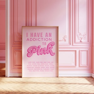 Póster de moda Addicted to Pink: descarga digital, decoración de dormitorio divertida, arte de pared retro, impresión estética rosa femenina, decoración de habitación preppy Y2k