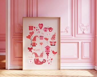 Retro Valentinstag Poster - Digital Download - Poster | Pink & Rot Retro Wand Kunst | Galentine's Day Decor | Liebe druckbare Kunst | Girly Druck