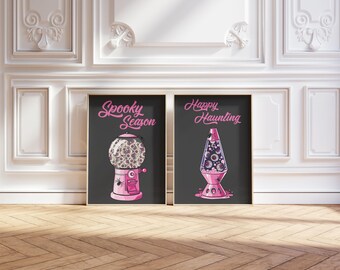 Różowy zestaw 2 retro wydruków na Halloween | Pobieranie cyfrowe | Funky wystrój akademika | Halloweenowa sztuka ścienna do druku | Plakat na Halloween | Prezent na Halloween