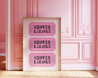 Shower Karaoke Ticket Stub Print | Digital Download | Bathroom Retro Print | Pink Cream Aesthetic | Shower Singing Funny Wall Art