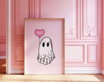 Pink Halloween Ghost Trendy Poster – Digital Download – | Boho Halloween Poster | Preppy Y2k Print | Aesthetic Girly Pink Spooky Season Art