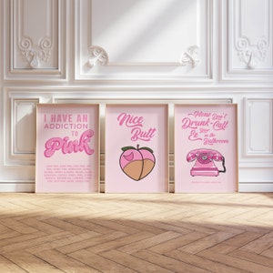 Conjunto rosa de 3 pósteres de baño modernos – Descarga digital – / Impresión retro / Arte estético femenino / Decoración preppy Y2K