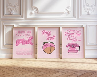 Roze set van 3 trendy badkamerposters – digitale download – | Retro-afdruk | Meisjesachtige esthetische kunst | Preppy Y2K-decor