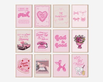 Pink Set of 17 Trendy Posters – Digital Download – | Funky Dorm Decor | Retro Wall Art | Aesthetic Girly Pink Gallery Wall | Preppy Y2k Art