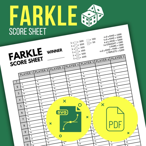 Farkle Dice Game Score Sheet | Farkle Template | Farkle Score Card | Farkle Scoring Pad | Farkle Dice Game Scorepad | Printable PDF SVG File