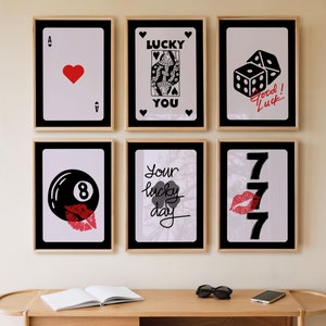 Lucky You Poster | Lucky You Print Set | Retro Poster | Black Art Poster | Ace of Hearts Poster | Coquette Room Decor | 6 Piece Wall Art