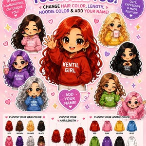 May include: A digital art graphic with the text "Customize Your Mini You!" featuring cartoon girls with various hair colors, lengths, and hoodie colors. Options to add a name are also available. The image promotes endless combinations.