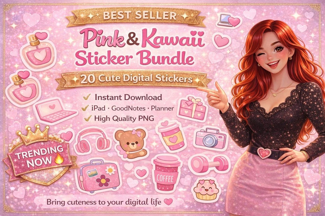 Pink and Kawaii Sticker Bundle (20 PNG) | Cute Digital Stickers for ...