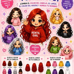 May include: A promotional graphic with cartoon illustrations of girls in hoodies. The graphic offers customization options for hair color, length, and hoodie color. Text includes "Personalize Your Mini You!" and "Add Your Name!"