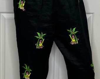 Zwarte palmboom geborduurde broek