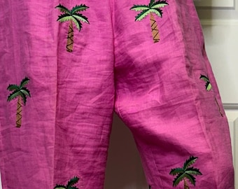 Roze palmboom geborduurde broek