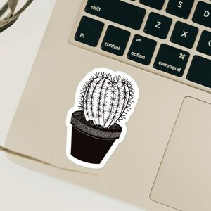 Autocollant mignon de cactus noir et blanc, décalcomanie de cactus monochrome pour ordinateur portable, autocollant de plante du désert, décalcomanie succulente, cadeau pour les amateurs de plantes