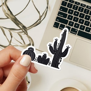 Autocollant minimaliste de cactus noir et blanc, décalcomanie de cactus monochrome pour ordinateur portable, autocollant de plante du désert, décalcomanie succulente, autocollant de plante moderne