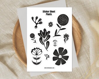 Sticker Sheet Plants A5, Decorative Flower Journal Stickers, Black & White Plant Lover Planner Scapbooking Sticker Set, Plant Mom Gift