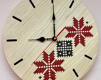 Epoxy clock with embroidery, house warming gift, home decor, handmade wood clock, Ukrainian style, diametr 14''