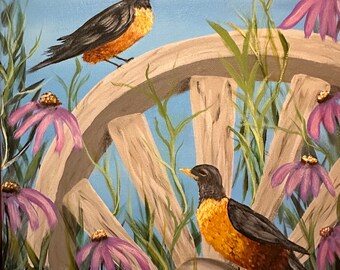 Original Spring Robins acrylique sur toile tendue 11 x 14"