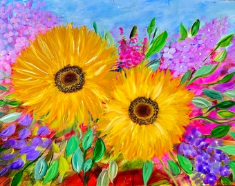 Sonnenblumen-Blumen-Ölgemälde auf gespannter Leinwand, 30,5 x 40,6 cm