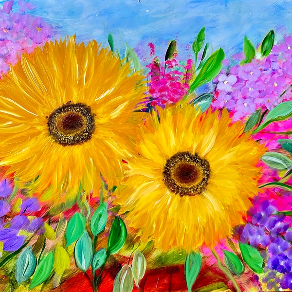 Sun flowers Floral Oil Painting on Stretched Canvas 12x16”