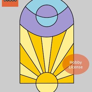 May include: A stained glass window design featuring a sunburst pattern in yellow and cream with a yellow sun at the bottom. The top of the window has a purple and blue circle design.