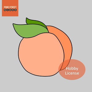 May include: A peach with a green leaf, outlined in black, with the text "Hobby License" in a peach-colored circle.