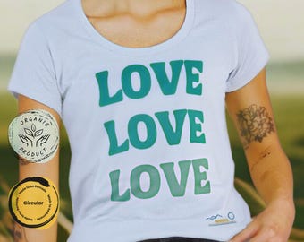 Spirituell Kvinnors Kärlek Kärlek Kärlek Ekologisk bomulls-T-shirt, Boho, Hippie-vibbar, 60-talsstil, visa dina värderingar, Strand, sommarkänsla