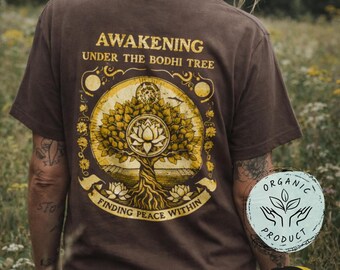 Ekologisk Awakening Bodhi Tree T-shirt, Spirituell Boho Yoga T-shirt, Ekologisk Grafisk T-shirt, Meditationstopp för Inner Peace, Hippie Surfer Eco Warrior Gåva