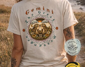 Tvillingarna Zodiac T-shirt, Boho Spiritual T-shirt, Astrologi Gåva för Tvillingarna Kvinna, Miljövänlig Ekologisk T-shirt, Boho Hippie Surfer, Yogi Gåva
