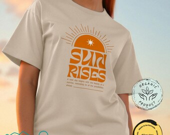 Retro soluppgångstryck överdimensionerad ekologisk t-shirt | Spirituell bohemisk surftröja | Miljövänlig hållbar | Soluppgångströja med grafisk design och jordkärlek