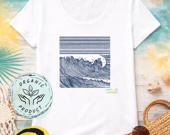 T-shirt med bläcktryck och ekologisk boho-inspirerad surfvåg från Stormy Seas | Hållbar miljövänlig grafisk t-shirt | Minimalistisk havskonst-tröja