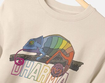 Damtröja med regnbågsfärgad Dharma Chameleon-mönster i överdimensionerad storlek – certifierad ekologisk bomull