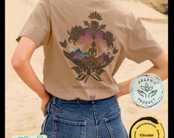 Ekologisk buddhistisk boho-t-shirt – Zen Lotus Meditation Graphic Tee, hållbar surf- och spirituell t-shirt, miljövänliga boho-kläder