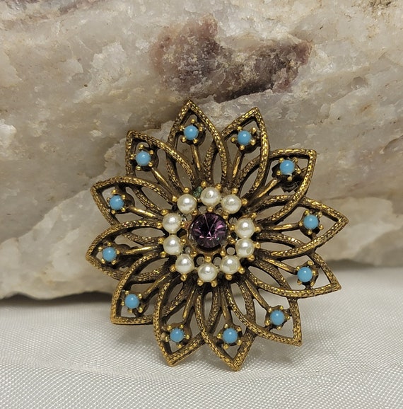 Vintage Purple Rhinestone an Faux Turquoise Flowe… - image 1